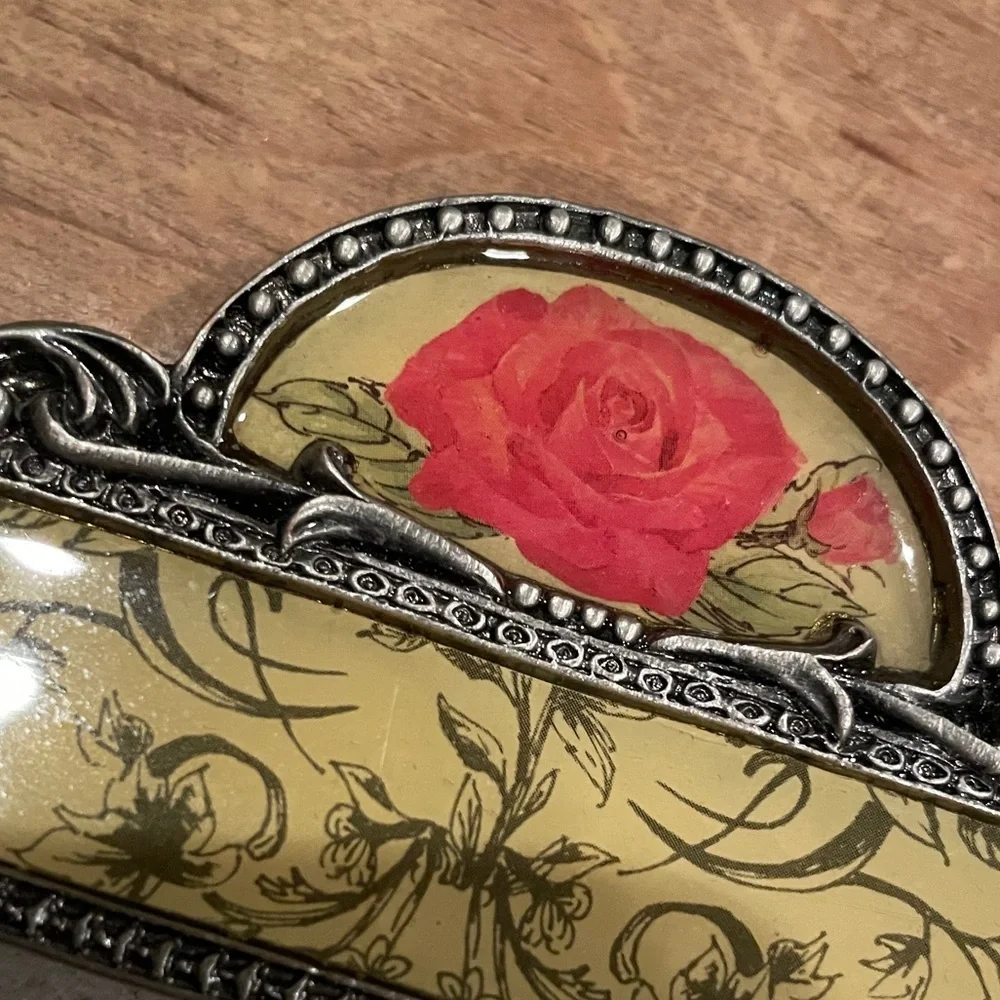 VTG Silver Metal Jeweled Frame Rose Yellow Floral Victorian Shabby Chic 4x6